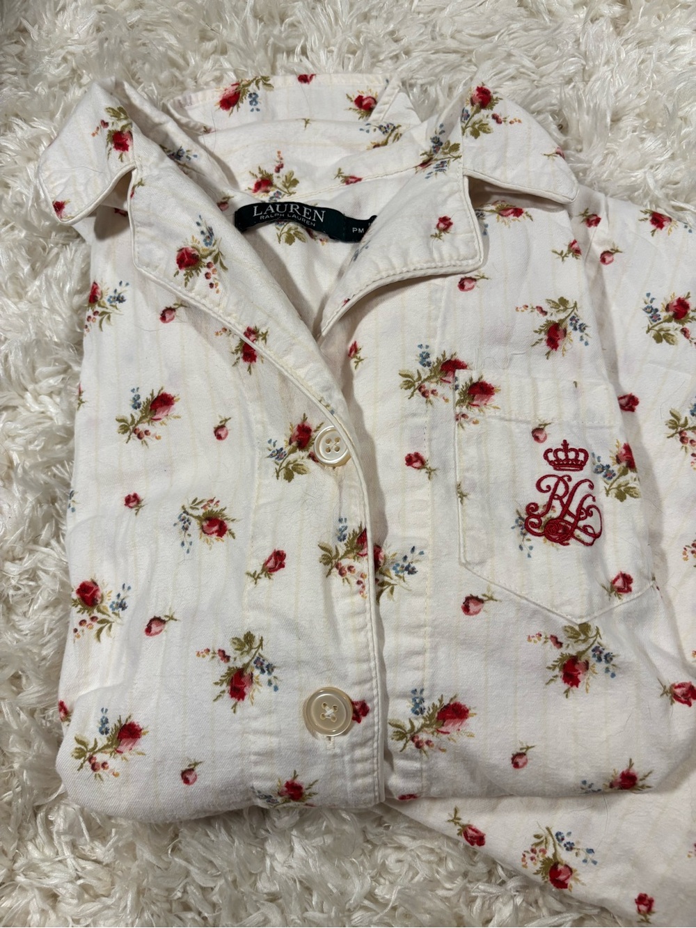 Ralph Lauren White Button-Up Pajama Set with Red Floral Embroidery-PM - Picture 4 of 11
